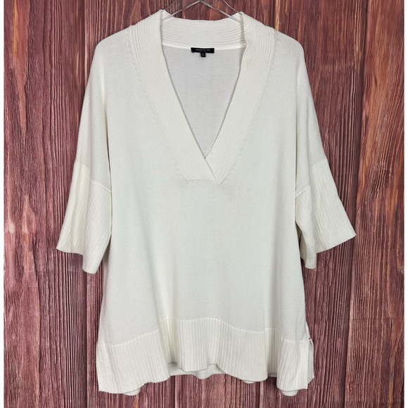 Lafayette 148 New York Ivory V Neck Sweater Ribbed Trim Silk Blend Womens Large - Picture 1 of 7